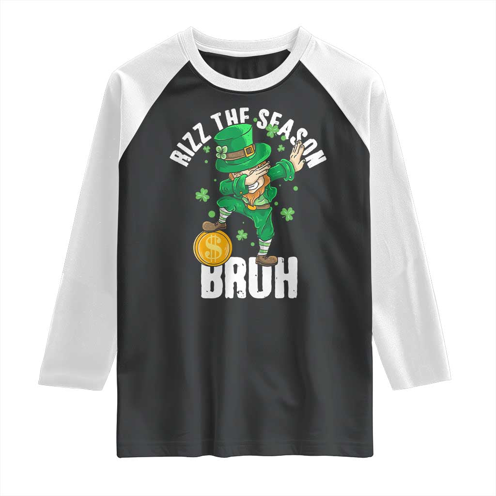 Funny St Patrick's Day Rizz The Season Bruh Raglan Shirt Leprechaun Shamrock