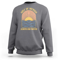 Charcoal crewneck sweatshirt with Gulf of Mexico sunset graphic and 'Always and Forever' text