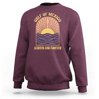 Maroon crewneck sweatshirt with Gulf of Mexico sunset graphic and 'Always and Forever' text