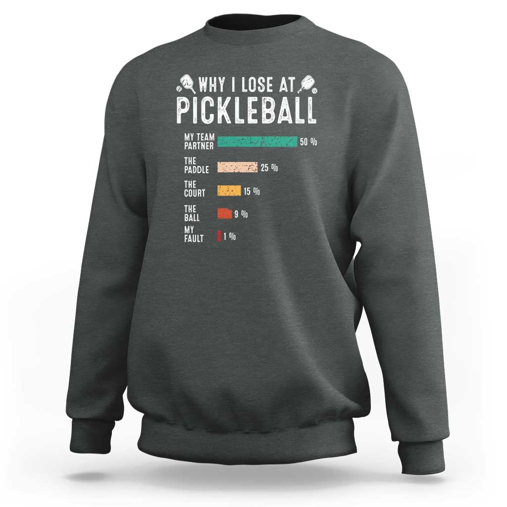 Charcoal heather pickleball sweatshirt with white “Why I Lose at Pickleball” graphic text
