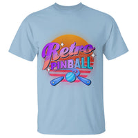 Light blue Retro Pinball graphic T-shirt with flippers and retro logo