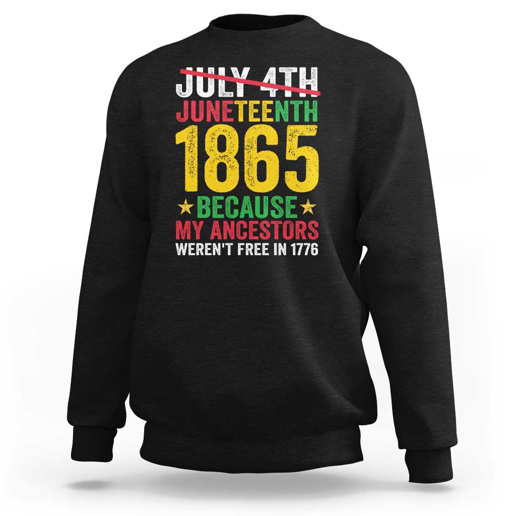 Black crewneck sweatshirt with colorful Juneteenth 1865 front graphic and stars