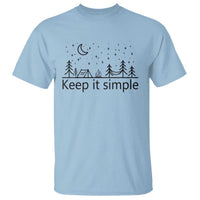 Funny camping T-shirt, light blue, “Keep it simple” tree and moon graphic