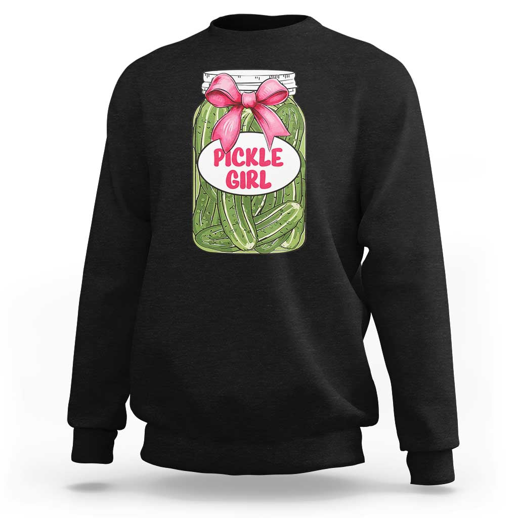 Black crewneck sweatshirt with pink bow pickle girl graphic on front