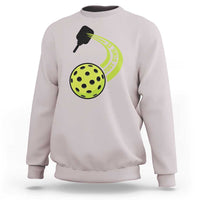 Ice gray sweatshirt with pickleball paddle and green pickle graphic on chest