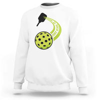 White sweatshirt with pickleball paddle and green pickle graphic on chest