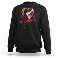 Venezuelan pride sweatshirt, black, front graphic with heart and “Te Amamos Venezuela” text.