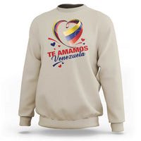 Venezuelan pride sweatshirt, sand, front graphic with heart and “Te Amamos Venezuela” text.