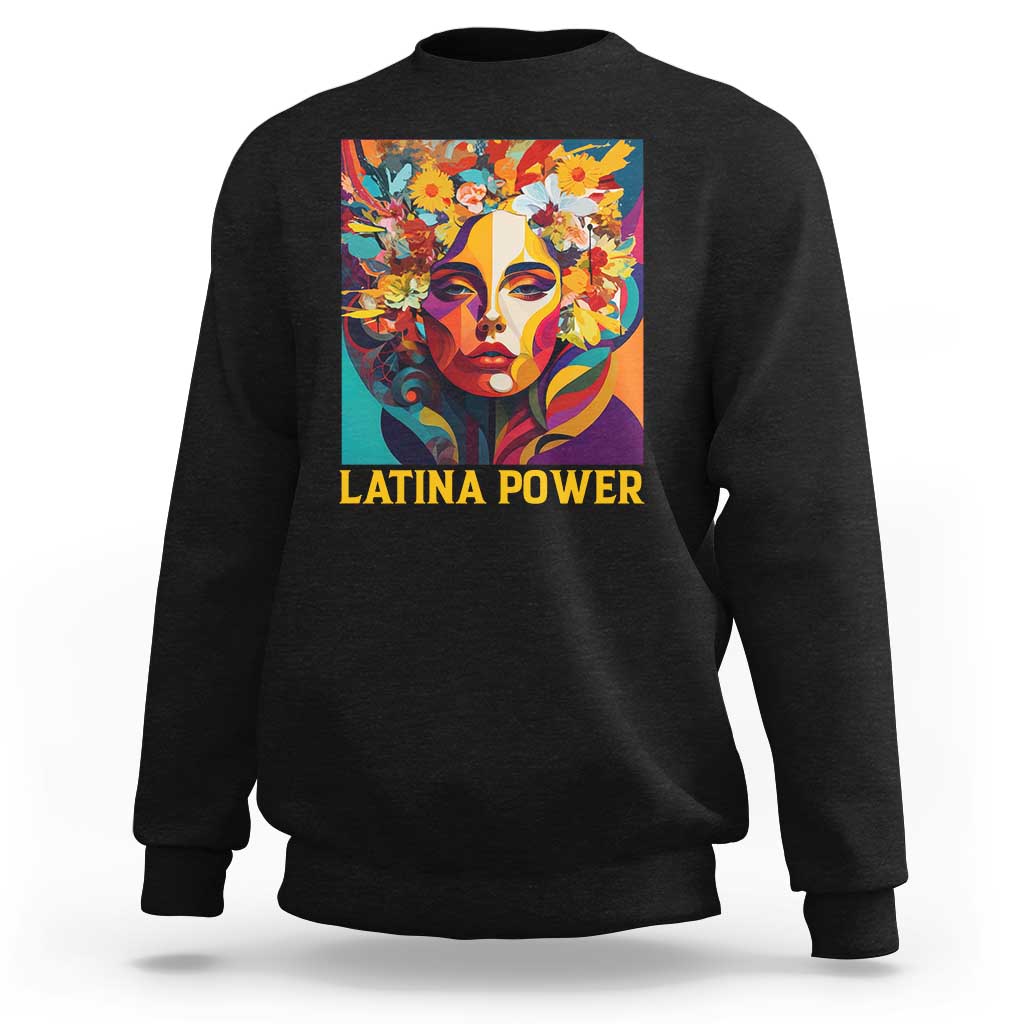 Black women’s sweatshirt with colorful floral portrait graphic and “LATINA POWER” text front