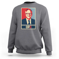 Heather gray sweatshirt with crew neck and front OP graphic portrait