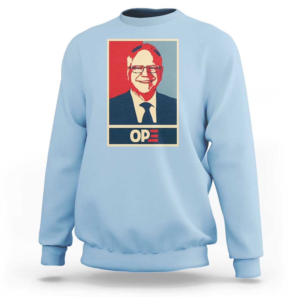 Light blue sweatshirt with crew neck and front OP graphic portrait