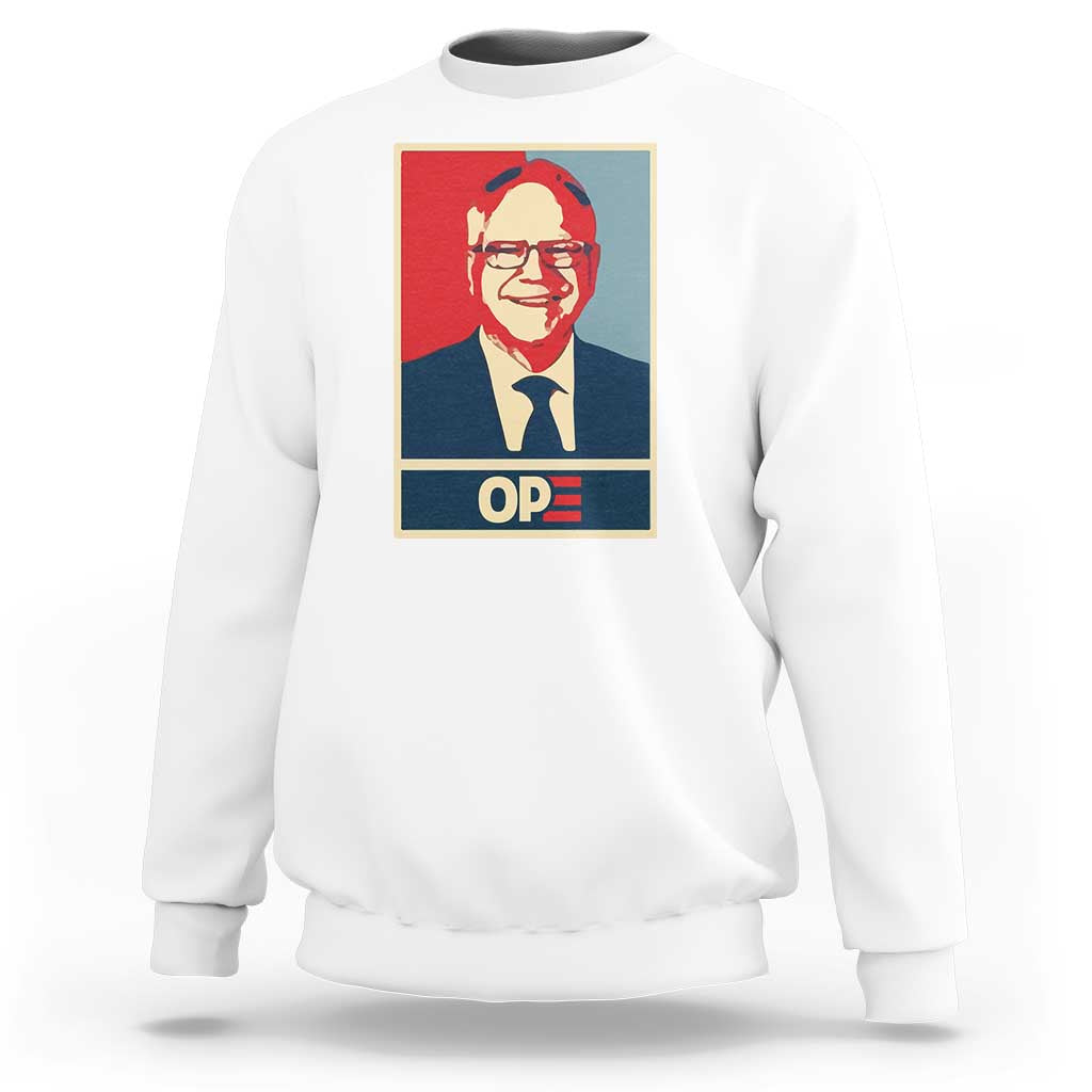 White sweatshirt with crew neck and front OP graphic portrait