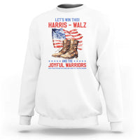 White crewneck sweatshirt with “LET’S WIN THIS HARRIS-WALZ” patriotic flag graphic