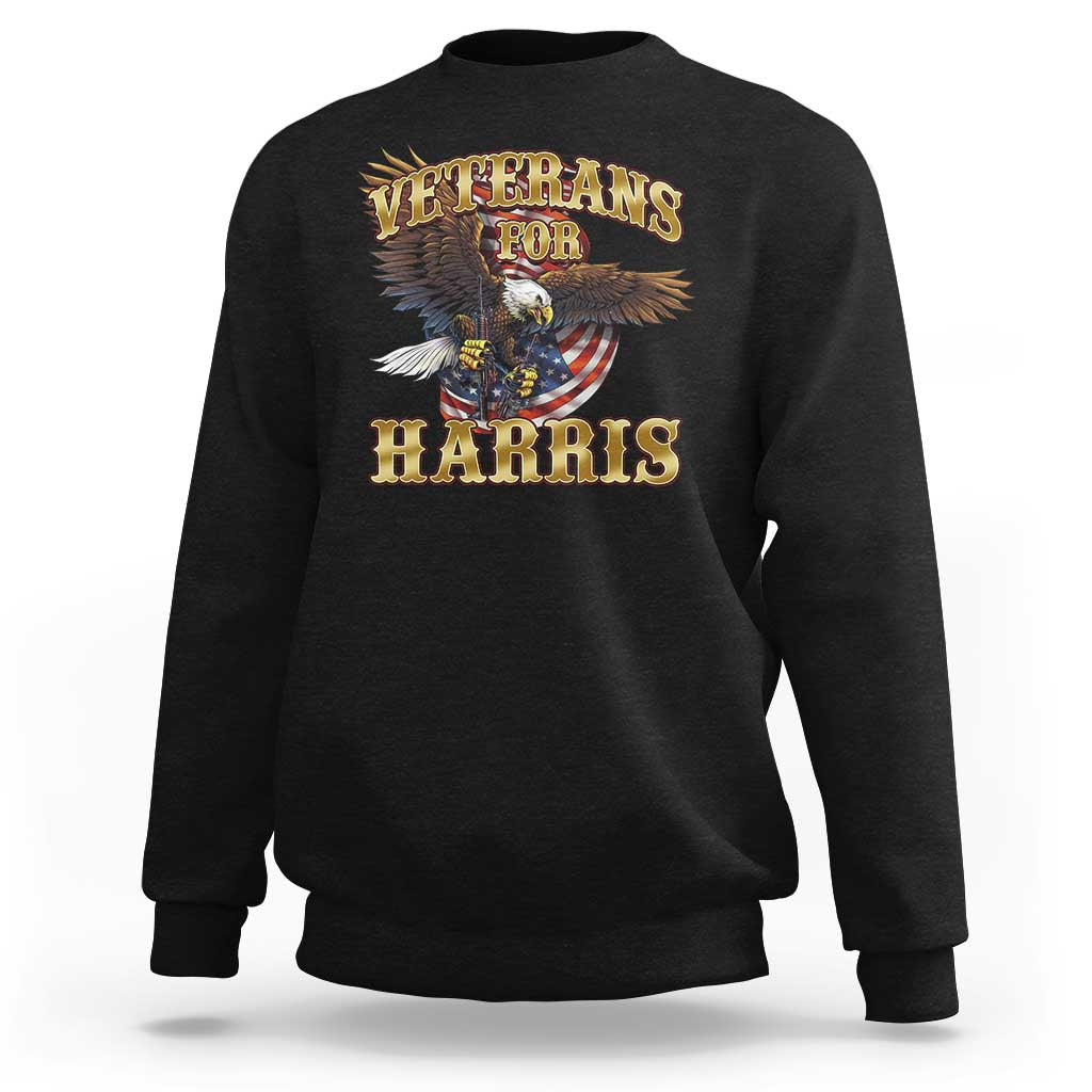 Black sweatshirt with “Veterans for Harris” eagle and American flag graphic on front