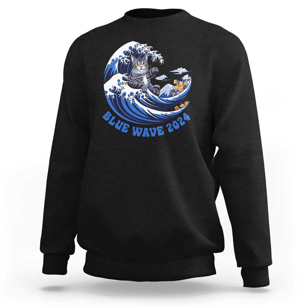 Black sweatshirt with front cat graphic and wave illustration, crewneck long sleeve