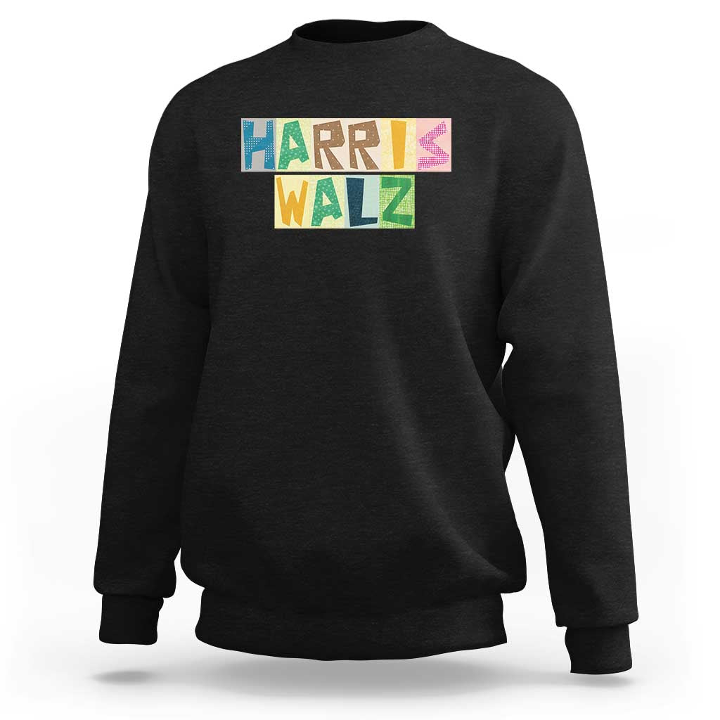 Black supporter sweatshirt with colorful “HARRIS WALZ” graphic on the chest