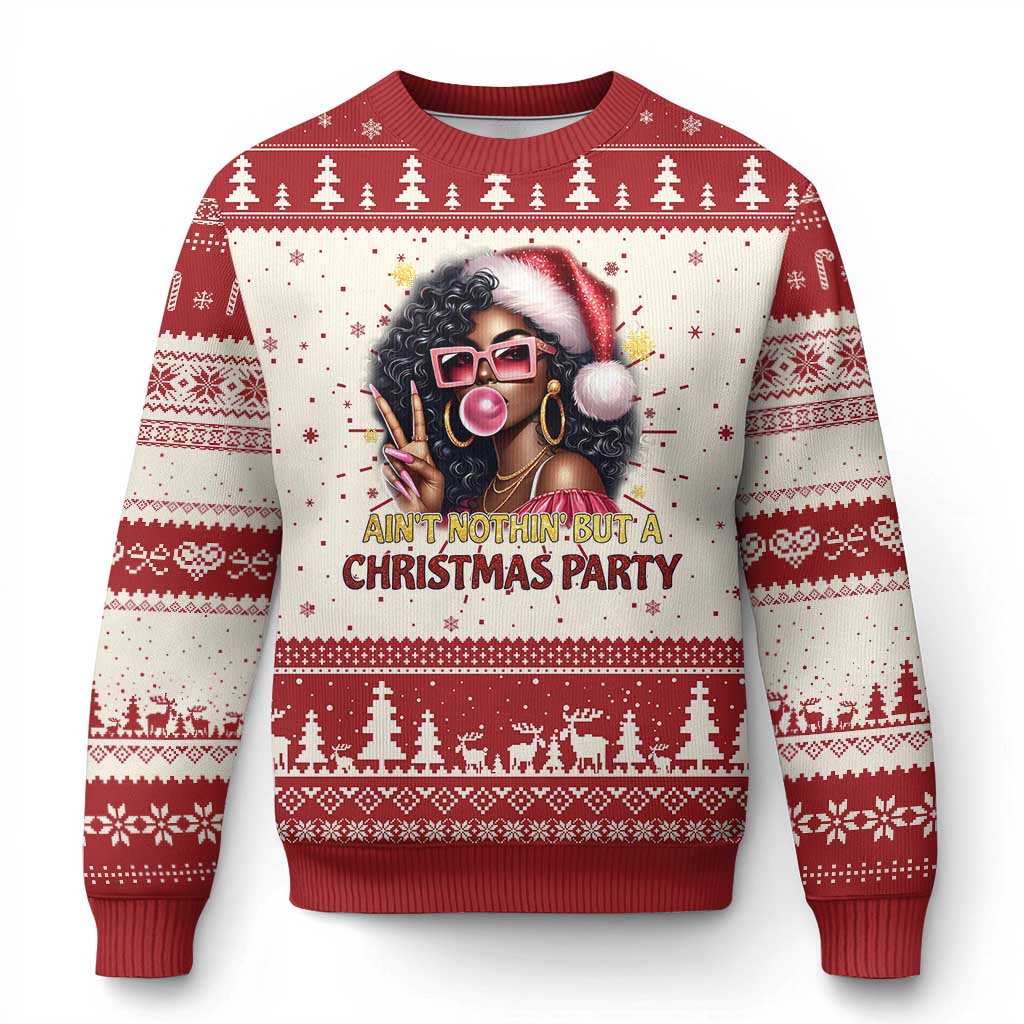 Red Christmas sweater with Santa-girl graphic and festive tree pattern