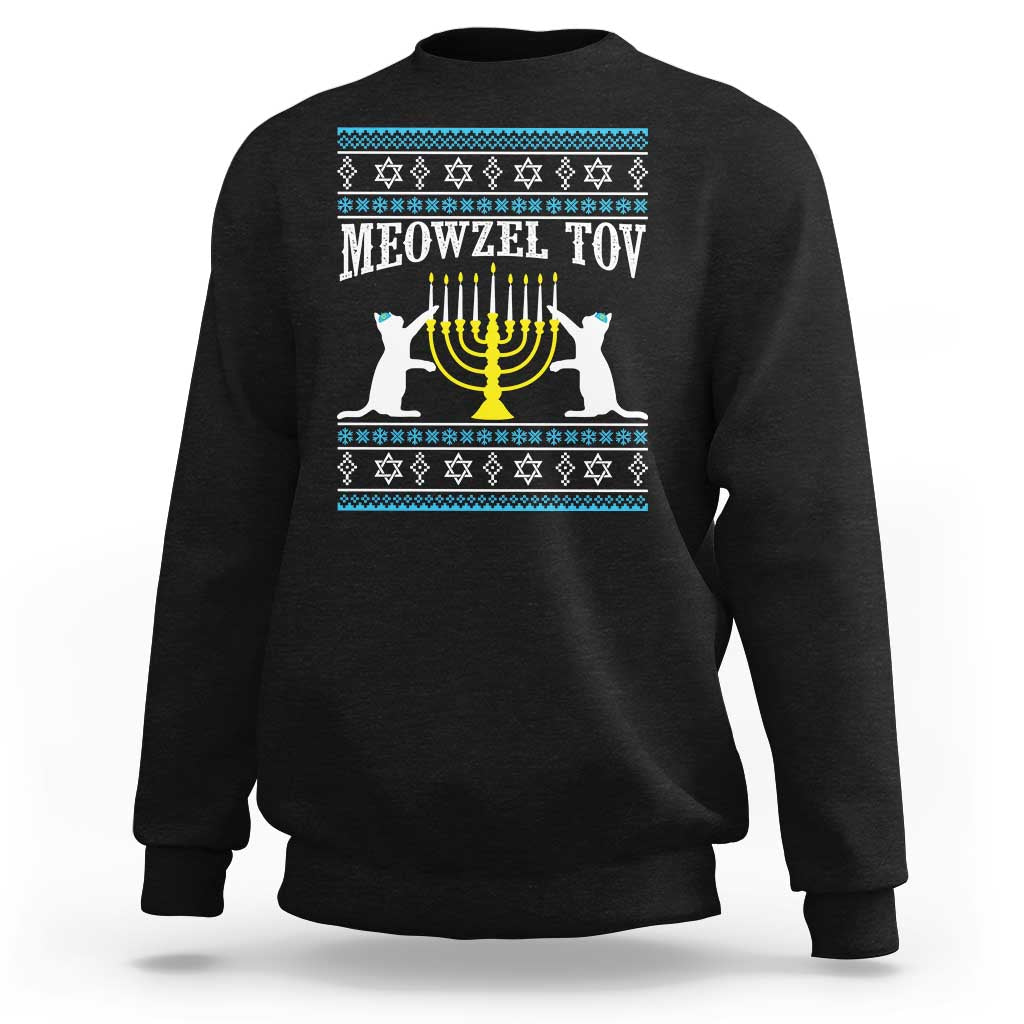 Men's black crewneck sweatshirt with "MEOWZEL TOV" cat menorah graphic