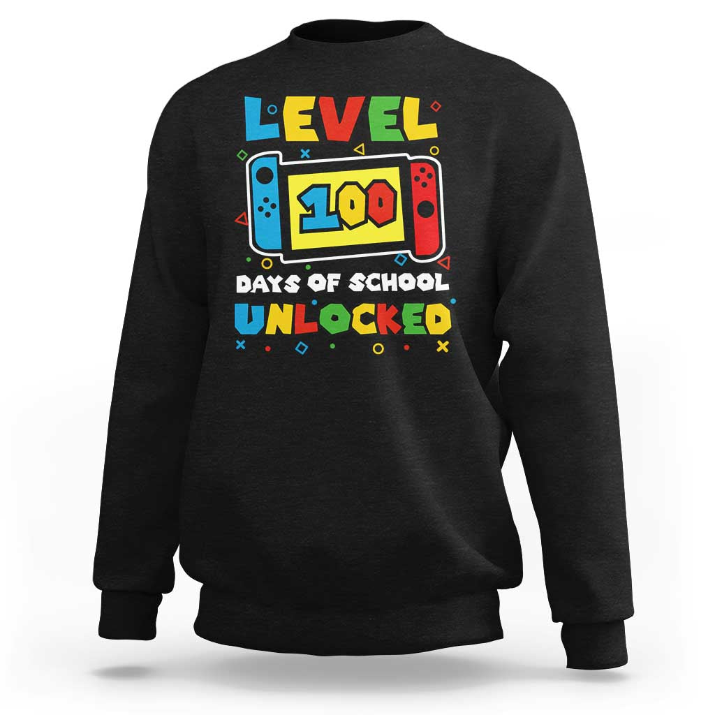 Black kids sweatshirt with Level 100 Days of School Unlocked game controller graphic