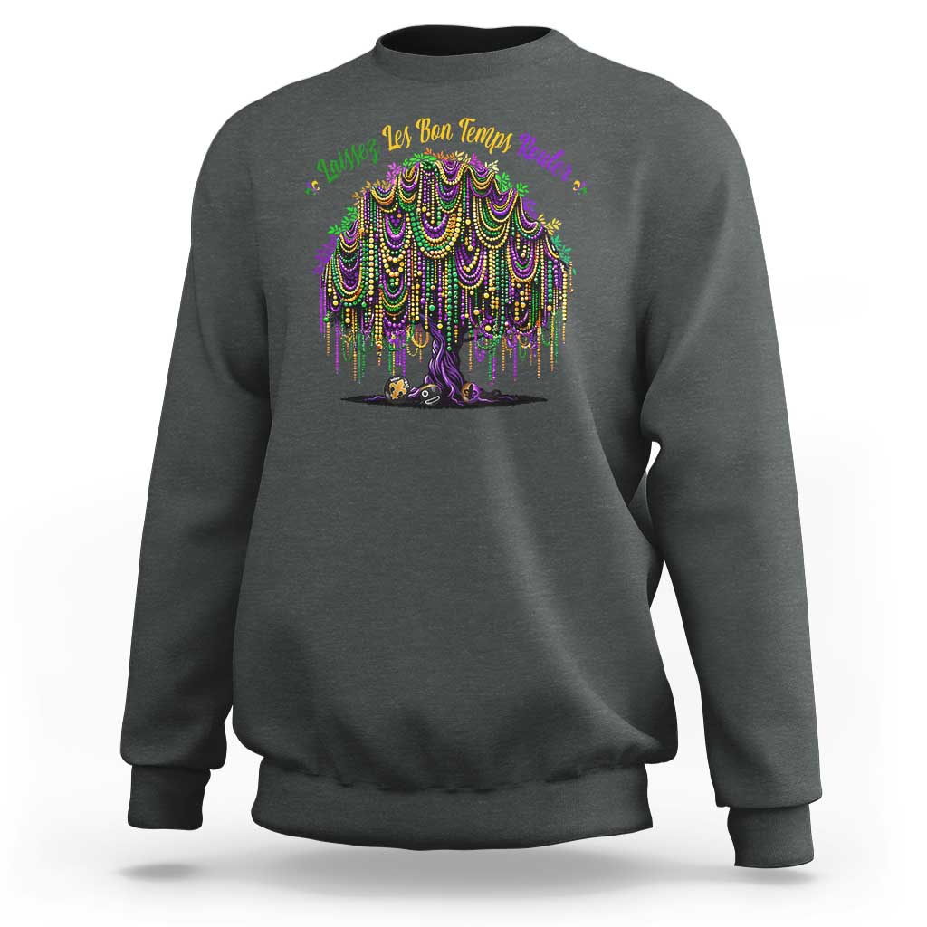 Dark heather crewneck sweatshirt with colorful beaded tree graphic on the chest