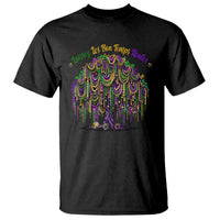 Black graphic T-shirt with colorful Mardi Gras bead tree and fringe design, short sleeves.