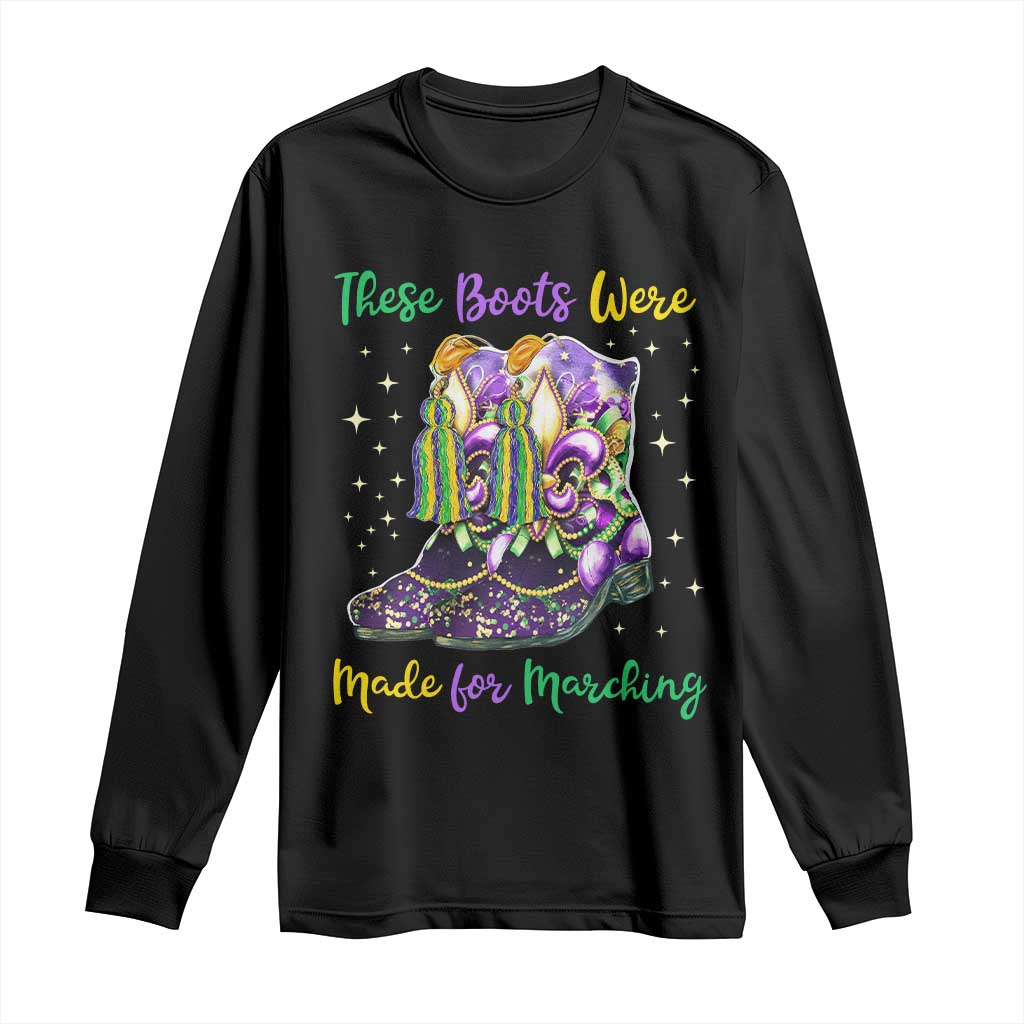 Black long-sleeve shirt with Mardi Gras boot graphic and colorful text, crew neck.