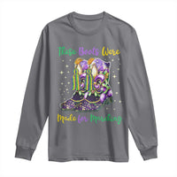 Dark heather long-sleeve shirt with Mardi Gras boot graphic and colorful text, crew neck.