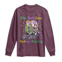 Maroon long-sleeve shirt with Mardi Gras boot graphic and colorful text, crew neck.