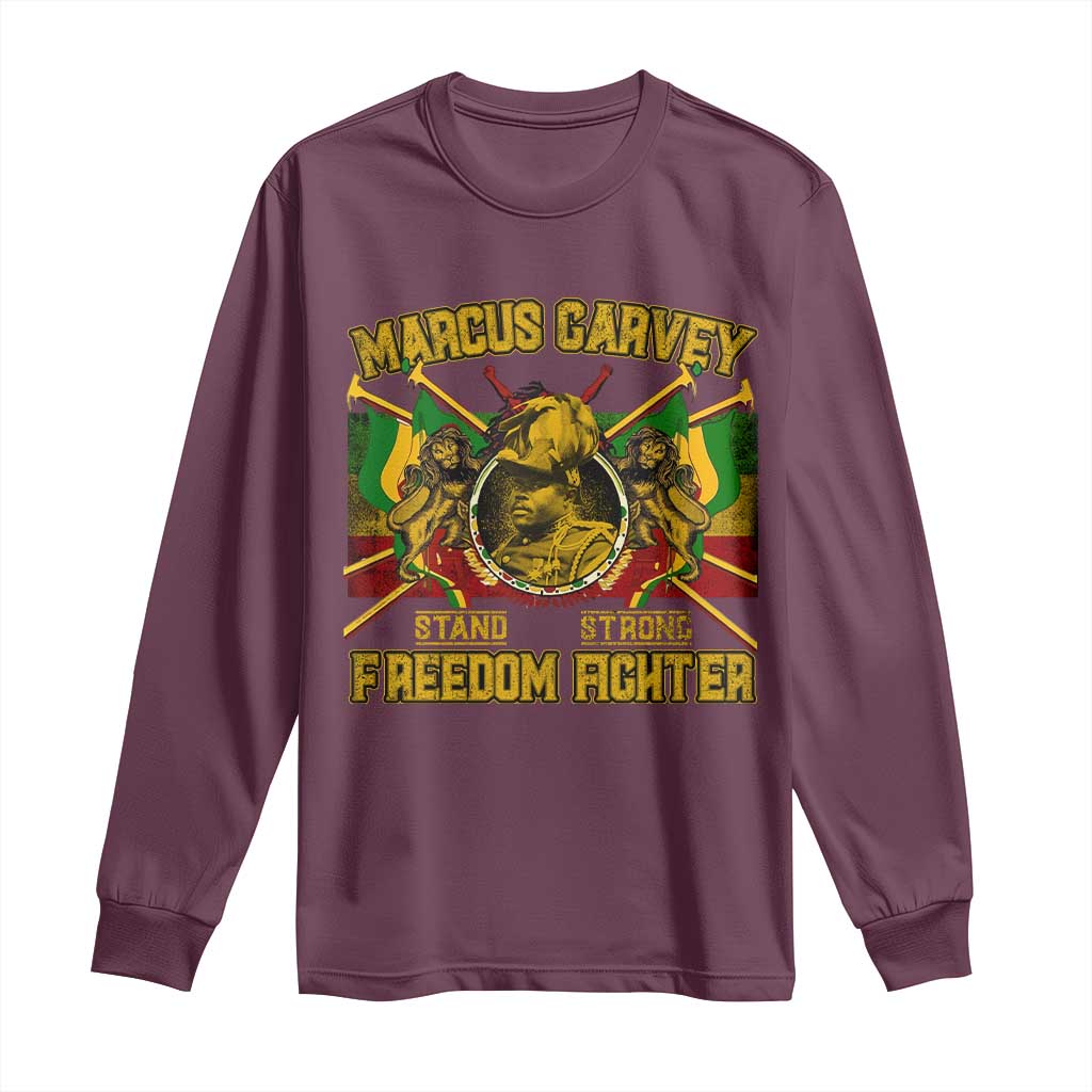 Maroon graphic long sleeve shirt with front circular portrait and bold text