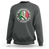 Charcoal crewneck sweatshirt with circular hand graphic on chest