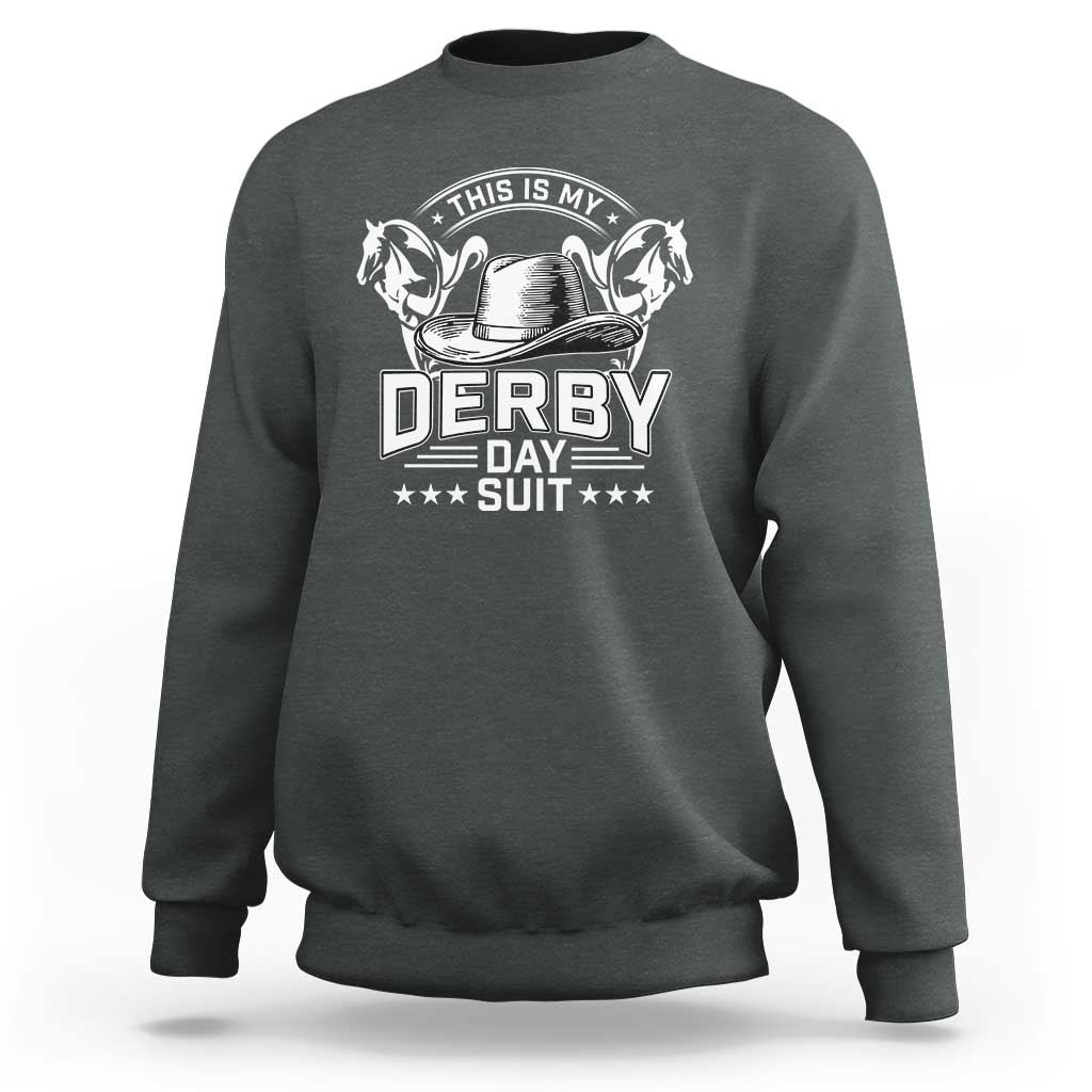 Charcoal crewneck sweatshirt with “Derby Day Suit” horse racing graphic on back.