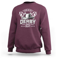 Maroon crewneck sweatshirt with “Derby Day Suit” horse racing graphic on back.