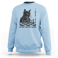Chess lover sweatshirt, light blue with black cat over chessboard graphic and slogan