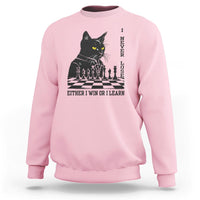 Chess lover sweatshirt, light pink with black cat over chessboard graphic and slogan