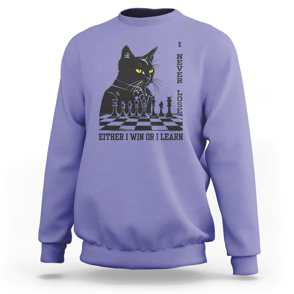 Chess lover sweatshirt, violet with black cat over chessboard graphic and slogan