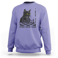 Chess lover sweatshirt, violet with black cat over chessboard graphic and slogan