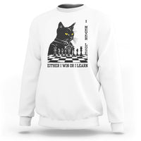 Chess lover sweatshirt, white with black cat over chessboard graphic and slogan