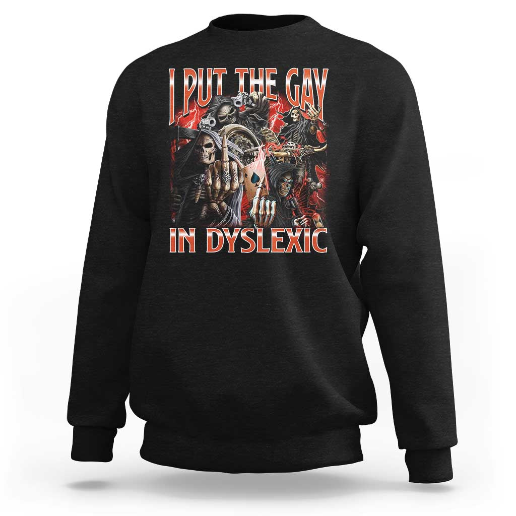 Black crewneck sweatshirt with long sleeves and front graphic text skull print