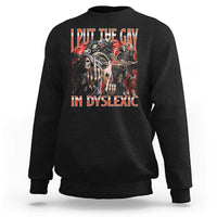Black crewneck sweatshirt with long sleeves and front graphic text skull print