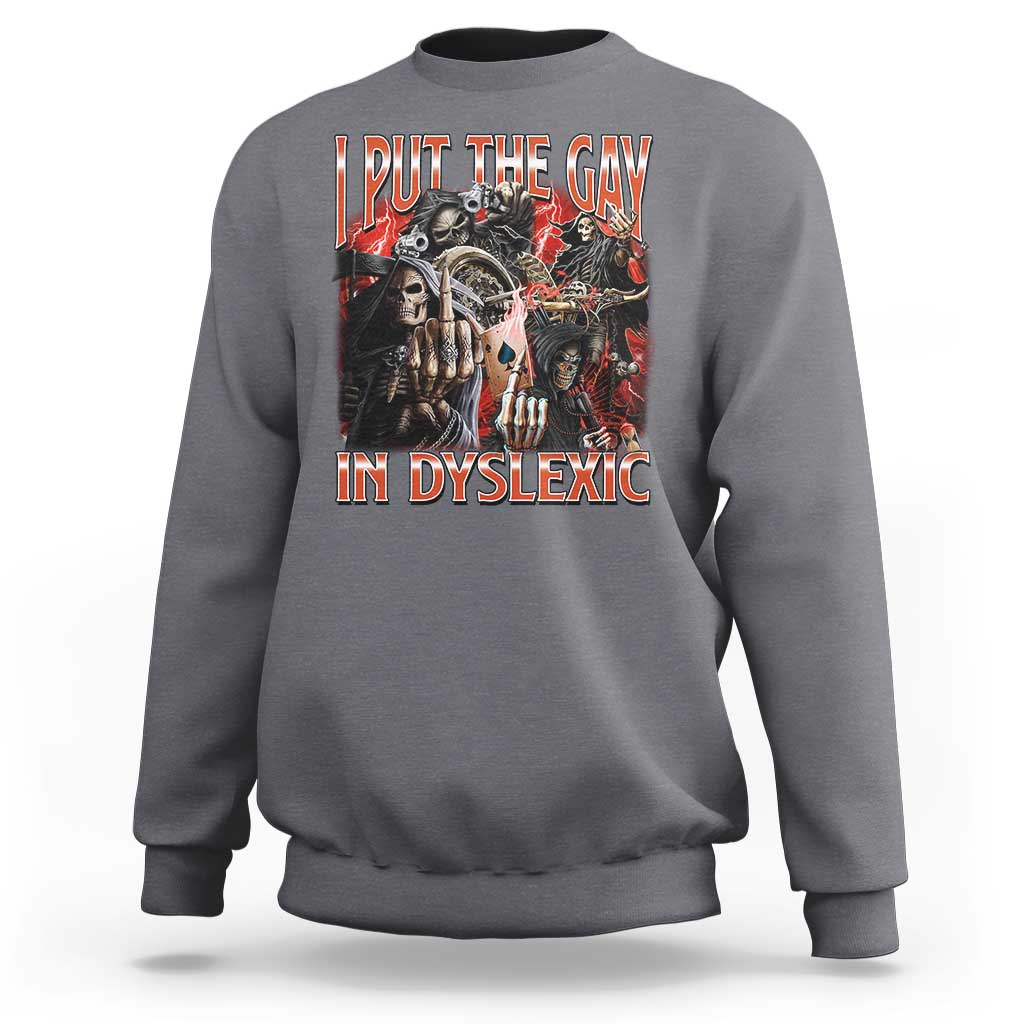 Dark heather gray crewneck sweatshirt with long sleeves and front graphic text skull print