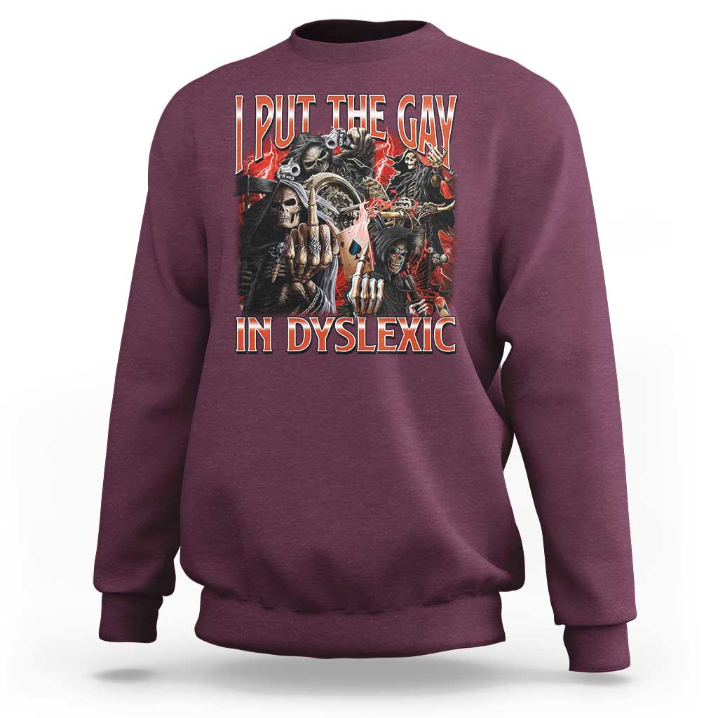Maroon crewneck sweatshirt with long sleeves and front graphic text skull print
