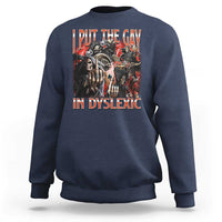 Navy crewneck sweatshirt with long sleeves and front graphic text skull print