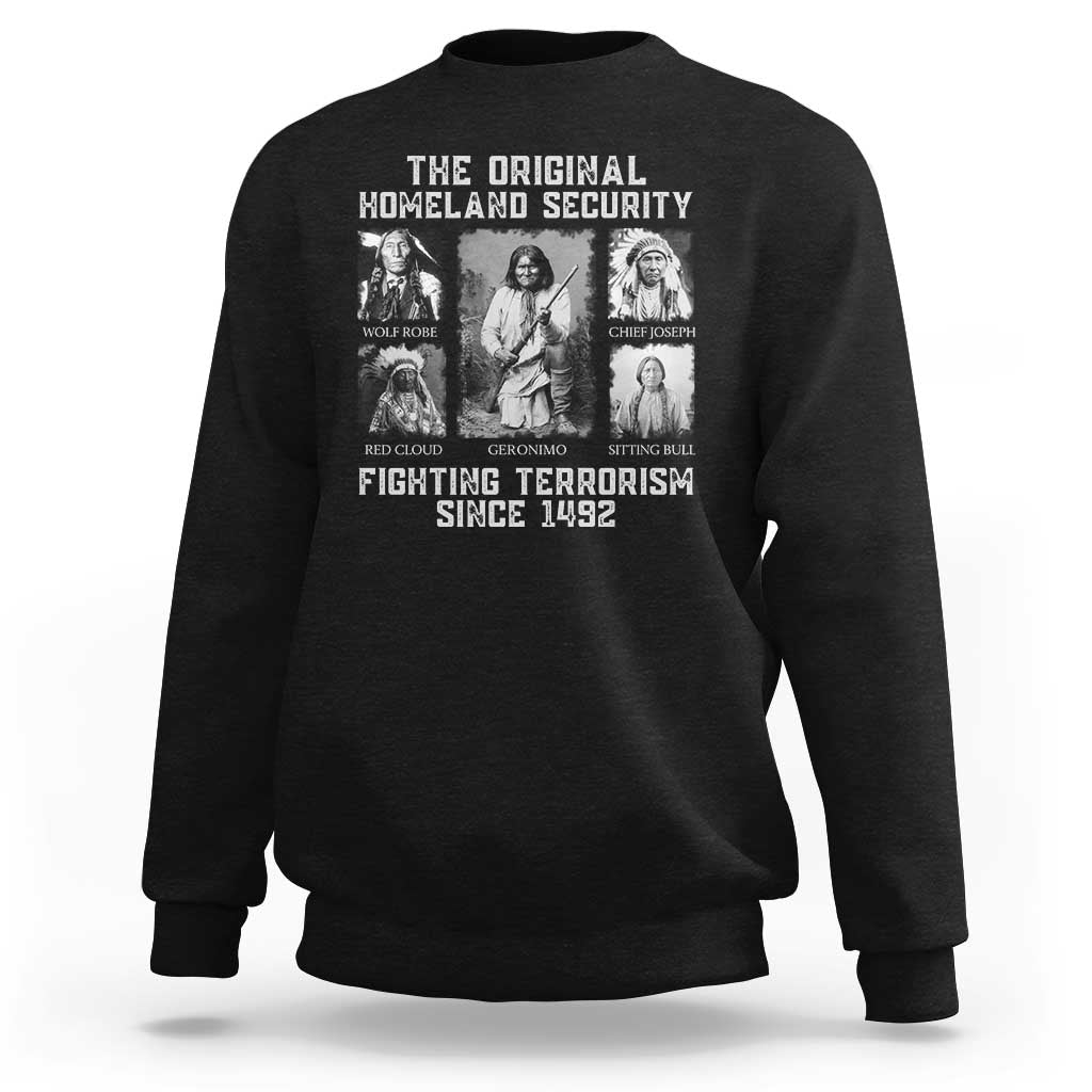 Black crewneck sweatshirt with front graphic of historical figures and slogan text