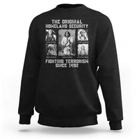 Black crewneck sweatshirt with front graphic of historical figures and slogan text