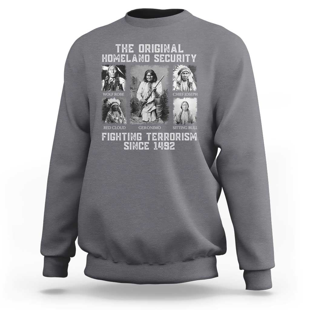 Dark heather crewneck sweatshirt with front graphic of historical figures and slogan text