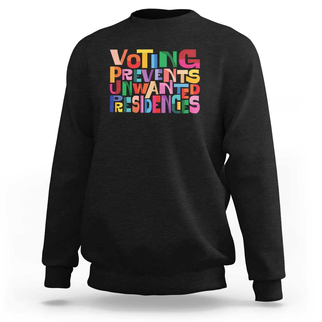 Black crewneck political sweatshirt with multicolor voting slogan graphic on chest