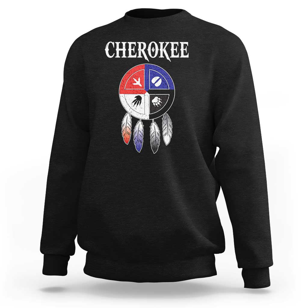 Black sweatshirt with Cherokee back print and medicine wheel dreamcatcher graphic