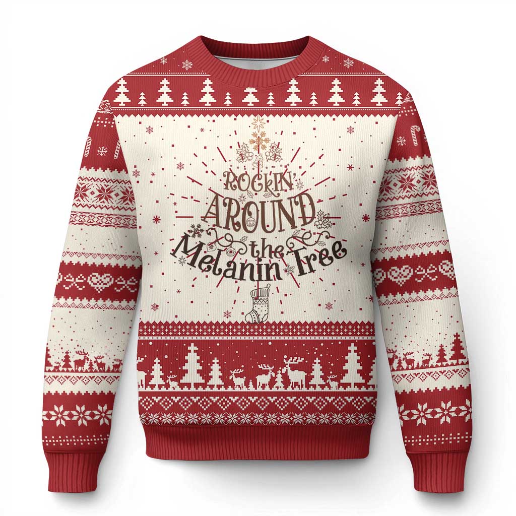 Red and cream ugly Christmas sweater with tree and festive stripe patterns