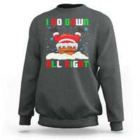 Dark heather crewneck sweatshirt with Santa chimney graphic and "I Go Down All Night" text