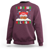 Maroon crewneck sweatshirt with Santa chimney graphic and "I Go Down All Night" text